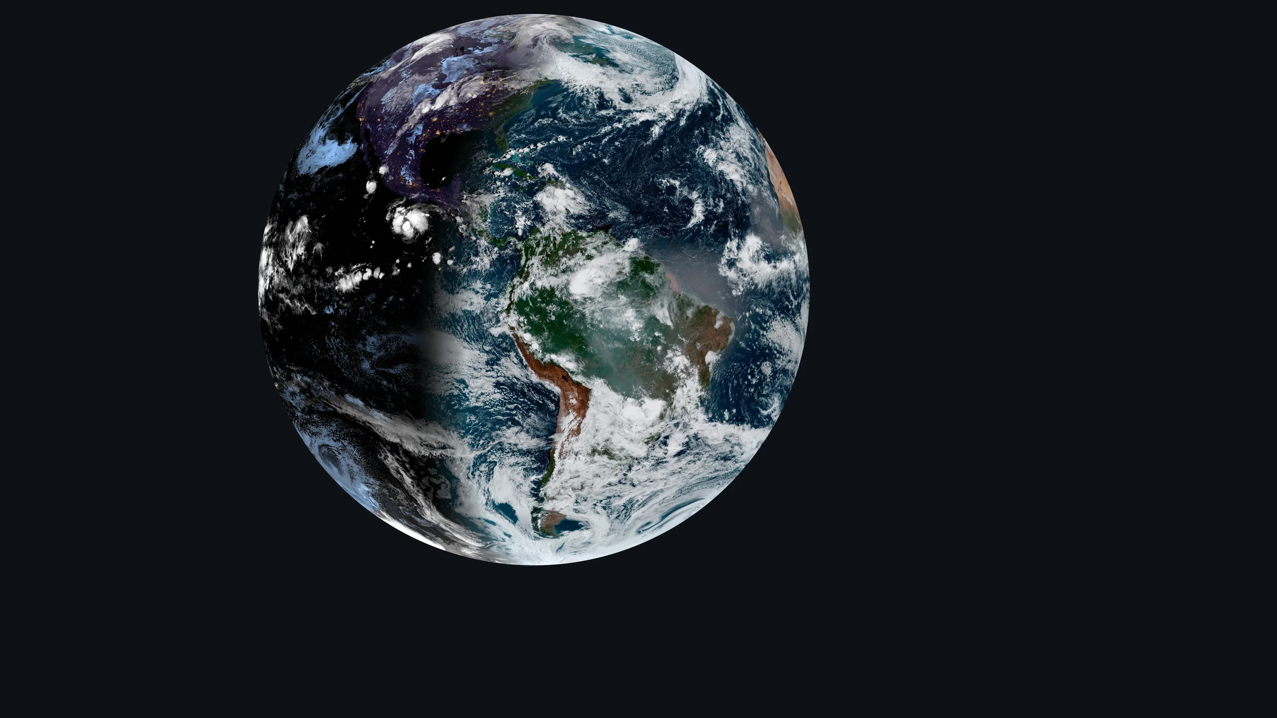 A Terra vista pelo satélite GOES-19 em 14 de outubro de 2026, com a noite ainda sobre a América do Norte.